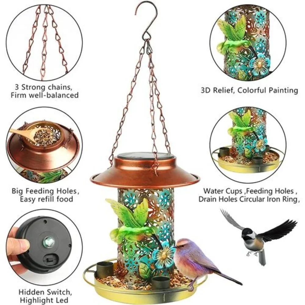 Solar Bird Feeder for Outdoors Hunging, Solar Metal Waterproof Outside Wild Bird